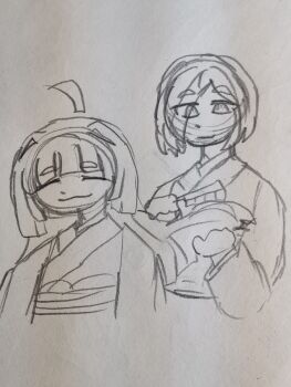 Rule 34 | 2girls, :3, doodle, highres, isekai shikkaku, kimi no koto ga dai dai dai dai daisuki na 100-nin no kanojo, multiple girls, sacchan (isekai shikkaku), simple background, sketch, traditional media, yakuzen yaku