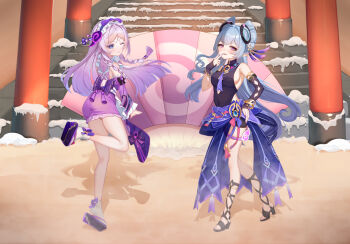 2girls ;) absurdres asymmetrical_gloves black_gloves black_leotard black_shoes blue_eyes blue_gemstone blue_hair blush braid breasts citlali_(genshin_impact) citlali_(genshin_impact)_(cosplay) closed_mouth commentary_request cosplay costume_switch covered_navel detached_sleeves facial_mark finger_to_mouth fingerless_gloves fingernails floating_headgear foot_up full_body gem genshin_impact gloves hand_on_own_hip headgear heattech_leotard high_heels highres large_breasts leotard long_hair long_sleeves looking_at_viewer multicolored_hair multiple_girls nail_polish nihongami one_eye_closed outdoors parted_lips pink_hair pink_pupils pointy_ears pou_bao purple_eyes purple_hair purple_nails purple_sleeves shoes sideboob single_bare_shoulder sleeveless smile snow socks stairs symbol-shaped_pupils tassel triangle triangle_facial_mark turtleneck twin_braids uneven_gloves very_long_hair white_socks yumemizuki_mizuki yumemizuki_mizuki_(cosplay)