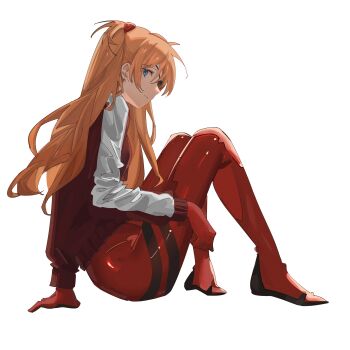 Rule 34 | 1girl, absurdres, blue eyes, bodysuit, closed mouth, eyepatch, from side, full body, hashtag-only commentary, highres, jacket, knees up, long hair, long sleeves, looking at viewer, mecha pilot suit, neon genesis evangelion, orange hair, plugsuit (evangelion), pyyuu, red bodysuit, red jacket, simple background, sitting, solo, souryuu asuka langley, white background