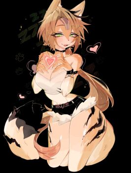1girl animal_ear_fluff animal_ears animal_nose black_background black_choker black_shorts blonde_hair blush body_fur breasts cat_ears cat_girl cat_tail choker cleavage commentary cropped_legs furry furry_female green_eyes hands_on_own_chest heart highres large_breasts long_hair looking_at_viewer open_mouth ponytail pulchra_fellini short_shorts shorts smile solo strapless tail thighs tube_top usa37107692 white_tube_top yellow_fur zenless_zone_zero