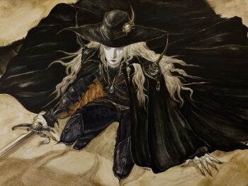 Rule 34 | 1boy, black cape, cape, commentary, d (vampire hunter d), desert, english commentary, fingernails, hat, highres, holding, holding sword, holding weapon, jewelry, long hair, moffury, necklace, sand, sharp fingernails, solo, sword, vampire hunter d, weapon
