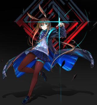 1girl amiya_(arknights) animal_ears arknights ascot black_background black_jacket black_shoes blue_eyes blue_skirt brown_hair closed_mouth crossed_bangs denken full_body gradient_background hair_between_eyes hand_up highres infection_monitor_(arknights) jacket long_hair looking_at_viewer open_clothes open_jacket purple_ascot rabbit_ears rabbit_girl shadow shirt shoes skirt solo