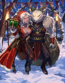 Rule 34 | 1boy, 1girl, absurdres, antlers, baldur's gate, baldur's gate 3, breasts, cleavage, commission, commissioner upload, dark elf, dragonborn (d&amp;d), dungeons & dragons, dungeons &amp; dragons, elf, gift, hand on another's waist, hat, hetero, highres, holding, holding gift, horns, minthara, pointy ears, red eyes, reindeer antlers, santa hat, snow, stup-jam, the dark urge (baldur's gate), white hair