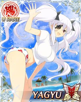 Rule 34 | 1girl, :d, beach, bent over, bikini, bikini top under shirt, bikini under clothes, blue sky, border, breasts, card (medium), character name, cropped shirt, day, eyepatch, floral print, floral print bikini, game cg, hand on own thigh, large breasts, long hair, looking at viewer, navel, ocean, official art, open mouth, print bikini, red eyes, senran kagura, senran kagura new wave, shirt, shuriken hair ornament, sky, smile, solo, swimsuit, third-party source, twintails, very long hair, wading, waving arm, wet, white bikini, white hair, white shirt, yagyu (senran kagura)