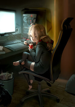 1girl antenna_hair as109 bright_pupils chair computer drawing_tablet drinking_straw feet female_focus full_body gaming_chair glasses grey_hoodie hair_ornament hair_scrunchie highres hood hooded_sweater hoodie indie_virtual_youtuber looking_at_viewer monitor original pointy_ears red_scrunchie scrunchie shui_lan_er single_sidelock sitting soles solo stirrup_legwear stylus sweater swivel_chair toeless_legwear toes trash_can virtual_youtuber wooden_floor