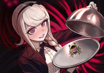 Rule 34 | 1girl, black jacket, black ribbon, braid, commentary request, frog, g'ie (hundred line), glowing, glowing eyes, grey hair, hairband, highres, holding, holding tray, jacket, kirifuji nozomi, lapels, long hair, looking at viewer, multicolored eyes, neck ribbon, notched lapels, nyu 100, open clothes, open jacket, open mouth, purple eyes, red eyes, ribbon, serving dome, shirt, smile, spoilers, teeth, the hundred line -last defense academy-, tray, two-tone eyes, upper teeth only, white shirt