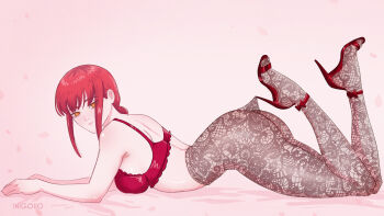 1girl alternate_costume artist_name ass bra breasts chainsaw_man high_heels highres hooked_on_heel inigoiio lace_pantyhose lace_pantyhose_hooked_on_heel_(meme) large_breasts makima_(chainsaw_man) meme pantyhose red_bra red_hair ringed_eyes sidelocks solo underwear