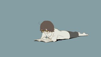 1boy androgynous animal animated animated_gif avogado6 book brown_hair cat commentary glasses looping_animation lying on_stomach original paw_print reading simple_background walking