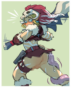 1boy anus arm_warmers armlet ass barbarian_set_(zelda) belt blonde_hair blue_earrings blue_eyes blush bodypaint bottomless brown_skirt brown_vest censored club_(weapon) crescent crescent_moon crescent_moon_earrings crop_top earrings elf embarrassed erection from_behind fur-trimmed_legwear fur-trimmed_vest fur_trim green_background highres horned_hat horns jewelry leg_tattoo link long_tongue looking_back male_focus moon moon_earrings mosaic_censoring nintendo penis pointy_ears ripushko sidelocks skirt skull skull_on_head solo standing surprised tattoo testicles the_legend_of_zelda the_legend_of_zelda:_breath_of_the_wild tongue tongue_around_leg tongue_out trap vambraces vest weapon wide-eyed