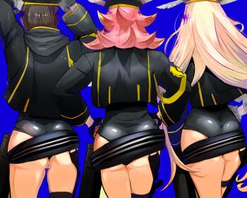 3girls ass back belt beret black_hair black_headwear black_jacket black_leotard blonde_hair breasts fate/grand_order fate_(series) hat head_wings highres hildr_(fate) hildr_(swimsuit_assassin)_(fate) holster hood hooded_jacket iris_(tb33064667) jacket large_breasts leotard long_hair long_sleeves multiple_girls open_clothes open_jacket ortlinde_(fate) ortlinde_(swimsuit_assassin)_(fate) pink_hair short_hair sidelocks thighs thrud_(fate) thrud_(swimsuit_assassin)_(fate) valkyrie_(fate) wings