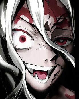 1boy black_background cracked_kawaii_mask fangs hair_between_eyes highres kibutsuji_muzan kimetsu_no_yaiba long_hair male_focus portrait red_eyes solo teeth tja_gm tongue translation_request white_hair