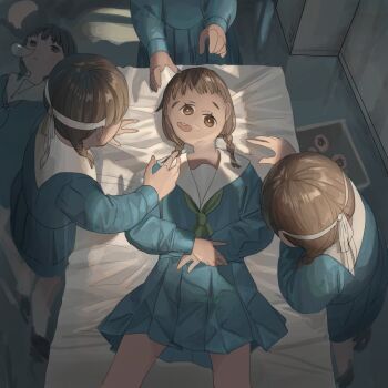 6+girls blindfold blue_skirt braid bright_pupils brown_eyes brown_hair female_focus green_neckwear low_twin_braids lying multiple_girls nose_bubble open_mouth original own_hands_together sailor_collar school_uniform skirt tensen_(dotted_line) twin_braids what white_pupils white_sailor_collar