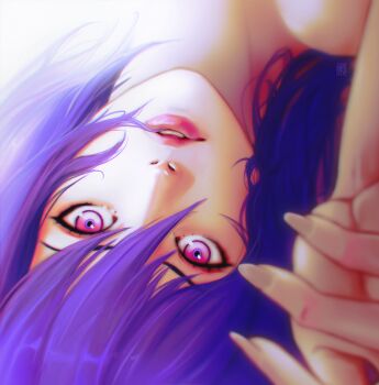1girl anihelate close-up cropped_shoulders ghost_in_the_shell ghost_in_the_shell:_stand_alone_complex highres kusanagi_motoko looking_at_viewer medium_hair portrait purple_eyes purple_hair upside-down