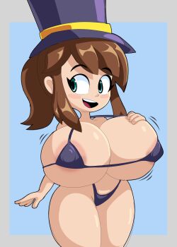 1girl a_hat_in_time absurdres alternate_breast_size areola_slip bikini blue_background blue_bikini blue_eyes blue_hat blush_stickers border breasts brown_hair cleavage covered_erect_nipples grey_border hat hat_kid highres long_hair looking_to_the_side micro_bikini motion_lines open_mouth oppai_loli ponytail sidelocks simple_background solo swimsuit teeth thick_thighs thighs top_hat upper_teeth_only yelladrill