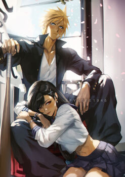 Rule 34 | 1boy, 1girl, baggy pants, bandaid, bandaid on cheek, bandaid on face, baseball bat, black hair, black jacket, black pants, blonde hair, blue eyes, blue sailor collar, blue scrunchie, blue skirt, blush, bracelet, closed mouth, cloud strife, cloud strife (midgard seventh high school), collarbone, commentary, cropped shirt, delinquent, earrings, elbow rest, english commentary, falling petals, feet out of frame, final fantasy, final fantasy vii, final fantasy vii: ever crisis, gakuran, hair behind ear, hair ornament, hair scrunchie, hairclip, head rest, heart, heart earrings, highres, holding, holding baseball bat, jacket, jewelry, leaning on person, lips, long hair, looking at viewer, low-tied long hair, midriff, miniskirt, navel, official alternate costume, open clothes, open jacket, pants, petals, pink petals, pleated skirt, red eyes, sailor collar, school uniform, scrunchie, serafuku, shirt, short hair, single earring, sitting, sitting between lap, skirt, spiked hair, spring (season), spykeee, swept bangs, tifa lockhart, tifa lockhart (midgard seventh high school), twitter username, white serafuku, white shirt