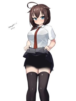 1girl absurdres ahoge alternate_costume black_hair black_skirt black_thighhighs blue_eyes braid clothes_lift collared_shirt dress_shirt feet_out_of_frame hair_flaps hair_over_shoulder highres kantai_collection long_hair looking_at_viewer maru_(marg0613) necktie pleated_skirt red_necktie shadow shadow_censor shigure_(kancolle) shigure_kai_san_(kancolle) shirt simple_background single_braid skirt skirt_lift solo thighhighs twitter_username white_background white_shirt