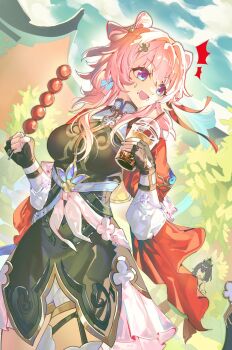 2girls black_dress black_gloves blue_eyes breasts bubble_tea chinese_clothes commentary cowboy_shot cup disposable_cup dress drinking_straw dutch_angle fingerless_gloves food food_on_face gloves highres holding holding_cup holding_food honkai:_star_rail honkai_(series) large_breasts long_sleeves looking_back march_7th_(honkai:_star_rail) march_7th_(hunt)_(honkai:_star_rail) multicolored_eyes multiple_girls notice_lines open_mouth outdoors pink_eyes pink_hair red_shrug shrug_(clothing) shuangyaji silbi solo_focus sweatdrop symbol-only_commentary tanghulu two-tone_eyes yunli_(honkai:_star_rail)