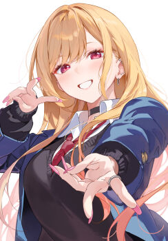 Rule 34 | 1girl, black sweater, blonde hair, blue jacket, blush, breasts, choker, collared shirt, commentary request, dress shirt, ear piercing, earrings, grin, highres, jacket, jewelry, kitagawa marin, large breasts, long hair, long sleeves, looking at viewer, necktie, piercing, red eyes, shirt, smile, sola (solo0730), solo, sono bisque doll wa koi wo suru, sweater, white shirt