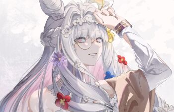 1girl cone_hair_bun fate/grand_order fate_(series) fingernails flora_(fate) flower flower-shaped_pupils grey_hair hair_bun hair_flower hair_ornament highres long_hair monocle r0_knr52 shading_eyes smile symbol-shaped_pupils