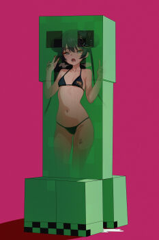 1girl absurdres bikini black_bikini black_hair black_nails blue_archive blush breasts creeper double_bun double_v grey_eyes hair_bun highres huge_filesize kisaki_(blue_archive) loli minecraft momobug22 open_mouth red_background small_breasts solo standing sweat swimsuit twintails v vibrator_under_swimsuit