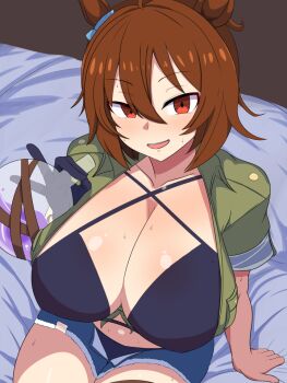 1girl agnes_tachyon_(lunatic_lab)_(umamusume) agnes_tachyon_(umamusume) alternate_breast_size_(larger) animal_ears bikini black_bikini black_gloves blue_shorts blush breasts brown_hair cleavage commentary_request cowboy_shot flask gloves green_jacket hair_between_eyes halterneck holding holding_flask horse_ears horse_girl huge_breasts jacket legion_(lovers6) looking_at_viewer open_fly open_mouth potion red_eyes round-bottom_flask short_sleeves shorts single_glove sitting smile solo swimsuit swimsuit_under_clothes umamusume