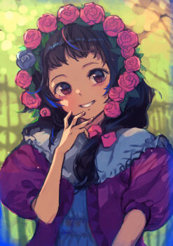 Rule 34 | 1girl, atsushi miyaji, black flower, black hair, black rose, bonnet, bow, brown eyes, cape, capelet, commentary request, dress, fence, flower, frilled capelet, frills, grin, hair bow, hair over shoulder, hand up, hat, hat flower, head tilt, highres, long hair, looking at viewer, low side ponytail, original, outdoors, puffy short sleeves, puffy sleeves, red bow, red dress, red flower, red rose, rose, short sleeves, smile, solo, upper body, white cape