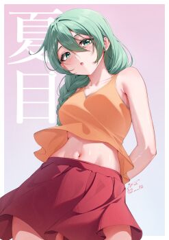 1girl 2_ru :o absurdres arm_behind_back armpit_crease blush border braid breasts commentary cowboy_shot double-parted_bangs film_grain from_below gradient_background green_eyes green_hair hair_between_eyes hair_over_shoulder hidamari_sketch highres long_bangs long_hair looking_at_viewer looking_down midriff midriff_peek miniskirt natsume_(hidamari_sketch) navel orange_shirt outside_border parted_lips pleated_skirt red_skirt shirt single_braid skirt sleeveless sleeveless_shirt solo standing translation_request twitter_username v-neck white_border
