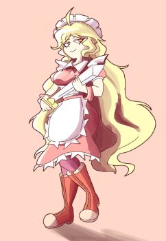 1girl ahoge apron armband blonde_hair boots dress frilled_apron frilled_dress frills full_body holding holding_sword holding_weapon long_hair maid maid_apron maid_headdress pantyhose quarium red_armband red_boots red_dress short_sleeves slit_pupils smile standing sword touhou touhou_(pc-98) wavy_hair weapon yumeko_(touhou)