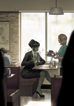 1boy 2girls absurdres black_hair black_jacket black_shoes blonde_hair blue_shirt cake cake_slice colored_skin computer cup diner food glasses green_skin grey_skirt high_heels highres holding holding_cup holding_plate indoors jacket laptop marvel mattia_de_iulis multiple_girls plate she-hulk shirt shoes sitting skirt standing waitress white_shirt
