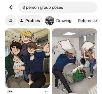 >_< 3_person_group_poses_(meme) 6+girls :d androgynous black_pants black_socks blonde_hair blue_hoodie blue_pants blue_shirt blush breasts brown_hair brown_pants bunny_ears_prank clothes_writing crossed_arms denim derivative_work double_v eddsworld eduardo_(eddsworld) ell_(eddsworld) english_text fake_screenshot genderswap genderswap_(mtf) green_hoodie green_jacket green_shirt green_shoes hairband highres holding holding_pillow hood hood_down hoodie imuserg indoors jacket jeans jon_(eddsworld) long_hair long_sleeves looking_at_viewer low_ponytail lying mark_(eddsworld) matilda_(eddsworld) medium_breasts meme motion_blur multiple_girls no_shoes on_back one_eye_closed open_clothes open_jacket open_mouth open_shirt orange_hair pants photo_background pillow pillow_fight pinterest ponytail purple_hairband purple_hoodie purple_sweater reverse_trap shielding shirt shoes short_hair sitting slippers smile sneakers socks standing sweater tamara_(eddsworld) tongue tongue_out topknot turtleneck turtleneck_sweater v white_shirt white_slippers white_socks