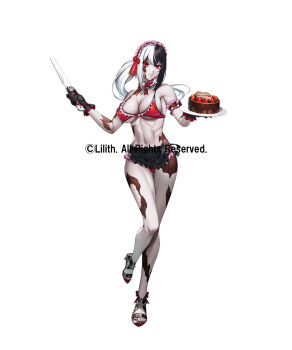 1girl black_hair breasts cake chocolate cleavage food full_body large_breasts lilith-soft looking_at_viewer maid_headdress multicolored_hair ponytail red_eyes short_hair simple_background solo split-color_hair taimanin_(series) taimanin_rpgx two-tone_hair white_hair wide_hips zombie zombie_girl