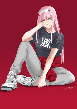 1girl air_jordan albyee black_shirt closed_mouth clothes_around_waist commission darling_in_the_franxx elbow_on_knee elbow_rest eyeshadow full_body green_eyes grey_pants hairband horns jacket jacket_around_waist makeup pants pink_hair red_background red_eyeshadow red_horns shirt shoes signature simple_background sitting smile sneakers solo white_hairband zero_two_(darling_in_the_franxx)