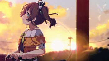 Rule 34 | 1girl, absurdres, bicycle, black camisole, blue eyes, blurry, blurry background, blush, bow, brown hair, camisole, cloud, commentary request, crop top, depth of field, green bow, highres, hololive, jacket, lens flare, natsuiro matsuri, natsuiro matsuri (1st costume), navel, off-shoulder jacket, off shoulder, okota mikan, orange jacket, outdoors, parted lips, power lines, puffy short sleeves, puffy sleeves, short sleeves, side ponytail, skirt, solo, sunset, utility pole, virtual youtuber, white skirt