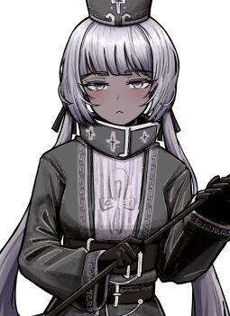 1girl artist_name belt black_gloves black_hat blush charon_(project_moon) commentary dark-skinned_female dark_skin english_commentary gloves hat highres limbus_company long_hair low_twintails mitama_nyan project_moon simple_background solo standing twintails twitter_username upper_body very_long_hair white_background white_hair