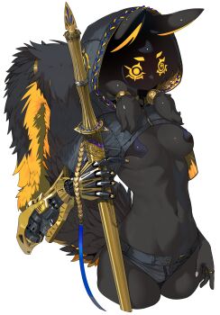 1girl absurdres animal_ears black_capelet black_hair black_skin breasts capelet colored_skin commentary_request faceless faceless_female highres holding holding_sword holding_weapon hood hood_up hooded_capelet jewelry medium_breasts navel original prosthesis prosthetic_arm revealing_clothes ring sheath sheathed short_shorts shorts solo sword tail weapon white_background yunimaru