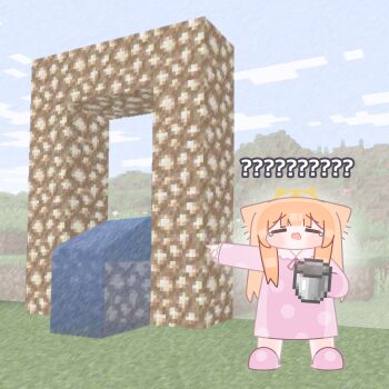 1girl absurdres aether_portal blue_archive blue_sky blunt_bangs blush chibi child closed_eyes cloud commentary day english_commentary full_body halo highres holding horuhara long_hair long_sleeves mari_(blue_archive) minecraft neck_ribbon no_nose open_mouth orange_hair outdoors pajamas pink_pajamas pink_slippers polka_dot polka_dot_pajamas ribbon sky sleeves_past_wrists slippers solo standing tearing_up the_aether_(minecraft) yellow_halo