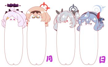 ahoge ako_(blue_archive) black-framed_eyewear black_hairband blue_archive blush brown_hair chinatsu_(blue_archive) closed_mouth commentary_request glasses grey_eyes grey_hair grey_ribbon hair_between_eyes hair_over_one_eye hair_ribbon hairband halo highres hina_(blue_archive) horns iori_(blue_archive) kurukurumagical long_hair parted_bangs purple_eyes ribbon semi-rimless_eyewear simple_background single_hair_intake translation_request twintails under-rim_eyewear white_background yellow_eyes