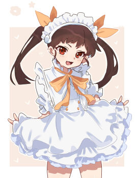 1girl :d absurdres alternate_costume artist_name blush border bow bowtie brown_background brown_hair buttons clothes_lift commentary cowboy_shot curtsey double-breasted dress eyelashes fang flower_symbol frilled_dress frilled_hairband frills hachikuji_mayoi hair_ribbon hairband heart highres lifting_own_clothes long_hair looking_at_viewer monogatari_(series) open_mouth orange_bow orange_bowtie orange_ribbon outline outside_border puffy_short_sleeves puffy_sleeves red_eyes ribbon short_sleeves sidelocks signature simple_background skin_fang skirt skirt_lift smile solo standing star_(symbol) symbol-only_commentary tsugumi_(tgm_615486) twintails v-shaped_eyebrows white_border white_hairband white_outline