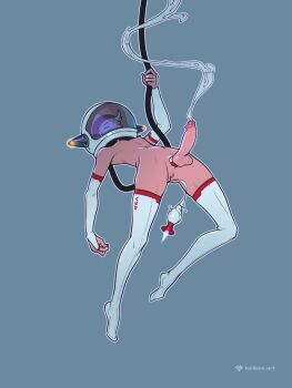 1boy air_hose androgynous anus astronaut blue_background bridal_gauntlets butt_plug closed_eyes cock_ring commentary cum cum_string ejaculation erection full_body helmet highres male_focus nipples original outline sex_toy simple_background solo space_helmet symbol-only_commentary tailbox thighhighs white_outline white_thighhighs