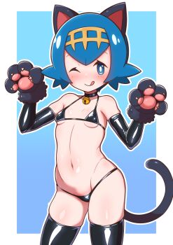 1girl :q animal_ears animal_hands bare_shoulders bell bikini black_bikini black_choker black_gloves black_thighhighs blue_background blue_eyes blue_hair blush border breasts bright_pupils cat_ears cat_paws cat_tail choker commentary contrapposto cowboy_shot elbow_gloves fake_animal_ears gloves gradient_background hands_up highres lana_(pokemon) legs_apart loli looking_at_viewer micro_bikini navel neck_bell nintendo no_sclera outline outside_border paw_gloves pokemon pokemon_sm shiny_clothes short_hair siglk skindentation small_breasts smile solo standing straight_hair swimsuit tail thighhighs tongue tongue_out white_border white_outline white_pupils