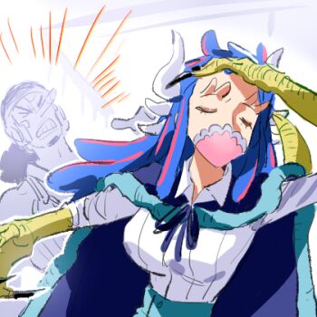 1boy 1girl adjusting_hair blue_cape blue_hair breasts cape claws closed_eyes commentary devil_fruit_power hand_on_own_head hitting horns jujutsu_kaisen large_breasts long_hair long_nose lowres mask meme mouth_mask naoya_hitting_choso_without_looking_(meme) neck_ribbon one_piece parody raine_(acke2445) ribbon shirt symbol-only_commentary transformation ulti_(one_piece) upper_body usopp white_shirt wing_collar