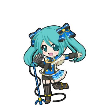 1girl :d aqua_eyes aqua_hair arm_warmers black_arm_warmers black_boots black_necktie black_outline black_shorts black_thighhighs blue_bow blue_sailor_collar blue_shirt blush boots bow bow_legwear cable chibi chibi_only frilled_sailor_collar frills full_body game_asset garter_straps hair_between_eyes hair_bow half-skirt hatsune_miku hatsune_miku_graphy_collection holding holding_microphone long_hair looking_at_viewer microphone microphone_stand necktie open_mouth outline sailor_collar shirt short_shorts shorts shure_55sh sleeveless sleeveless_shirt smile solo standing standing_on_one_leg striped_clothes striped_thighhighs thighhighs transparent_background twintails vertical-striped_clothes vertical-striped_thighhighs vocaloid white_shirt