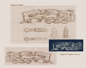 blueprint_(medium) brown_theme commentary concept_art english_commentary english_text eve_online from_side highres multiple_views no_humans original pintoro science_fiction spacecraft vehicle_focus