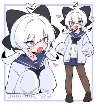 1boy :o ahoge black_bow black_bowtie black_pantyhose blue_sailor_collar blue_skirt blush bow bowtie brown_shoes cardigan character_request check_commentary collarbone commentary_request dot_nose drooling fang full_body grey_eyes hair_between_eyes hair_bow hands_up heart heart-shaped_pupils heart_ahoge highres large_bow loafers long_sleeves looking_at_viewer miniskirt multiple_views op_na_yarou open_cardigan open_clothes open_mouth original pantyhose pleated_skirt raised_inner_eyebrows sailor_collar school_uniform serafuku shirt shoes short_hair sidelocks simple_background skirt sleeves_past_fingers sleeves_past_wrists standing sweatdrop symbol-shaped_pupils upper_body watermark white_background white_cardigan white_hair white_shirt