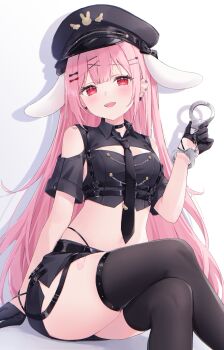 1girl absurdres animal_ears bare_shoulders belt black_choker black_gloves black_hat black_necktie black_shirt black_shorts black_thighhighs breasts chest_harness choker cleavage_cutout clothing_cutout collared_shirt crop_top crossed_legs cuffs earrings gloves half_gloves hand_up handcuffs harness hat highleg highres holding holding_handcuffs jewelry long_hair looking_at_viewer medium_breasts midriff mole mole_under_eye navel necktie open_mouth original panty_straps peaked_cap pink_hair police police_hat police_uniform rabbit_ears red_eyes revision shano_hiyori shirt short_shorts short_sleeves shorts shoulder_cutout side_slit sitting smile solo stomach thighhighs thighs unconventional_police_uniform very_long_hair
