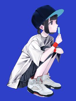 1girl air_jordan baseball_cap black_eyes black_hair black_skirt blue_background blunt_bangs commentary food from_side full_body hat highres holding holding_food holding_popsicle k2_illustration nike_(company) original parted_lips ponytail popsicle shirt shoes short_hair short_ponytail short_sleeves short_twintails shorts sidelocks simple_background skirt sneakers solo squatting sweatband symbol-only_commentary twintails white_shirt wristband
