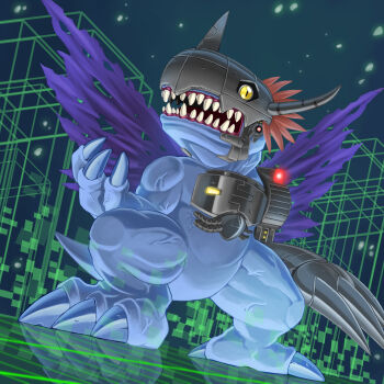 Rule 34 | absurdres, blue wings, cyborg, digimon, digimon (creature), dinosaur, full body, highres, horns, metalgreymon (virus), no humans, red hair, reflection, sharp teeth, short hair, slit pupils, solo, teeth, torn wings, wings, yamamoto zetta, yellow eyes