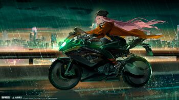 1girl absurdres bangle beanie black_bodysuit black_gloves black_hat bodysuit bracelet city city_lights coat copyright_name copyright_notice driving floating_hair from_side full_body gloves hat high_heels highres jewelry logo long_hair mingshuang_(xinyue_tongxing) motor_vehicle motorcycle night official_art official_wallpaper orange_coat outdoors overcast pink_hair purple_eyes railing rain riding sky skyline solo very_long_hair xinyue_tongxing