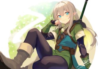 1boy blue_eyes boots brown_hair elf long_hair luorg male_focus mikata_ga_yowasugite_hojo_mahou_ni_tesshiteita_kyuutei_mahoushi_tsuihou_sarete_saikyou_wo_mezashimasu pointy_ears sitting smile solo trap yuunagi_(seventh_heaven)