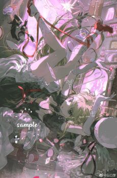 1girl black_dress black_eyes blonde_hair bloomers bottle card cup dress elbow_gloves full_body gloves hat high_heels highres holding indoors long_hair looking_at_viewer lying makeup on_back original picture_frame playing_card puffy_short_sleeves puffy_sleeves red_lips red_ribbon ribbon sample_watermark shankouya shoes short_sleeves socks solo stuffed_animal stuffed_rabbit stuffed_toy table teacup underwear unworn_hat unworn_headwear upside-down very_long_hair watermark weibo_username weibo_watermark white_bloomers white_gloves white_socks